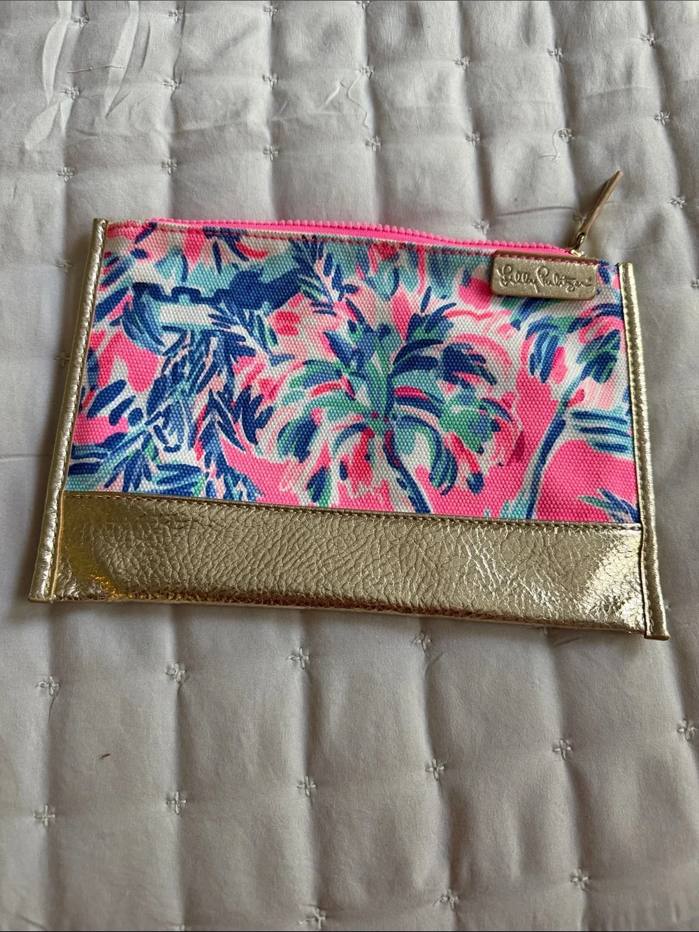 Lilly Pulitzer Pink Blue Tropical Print Cosmetic Pouch with Gold Trim